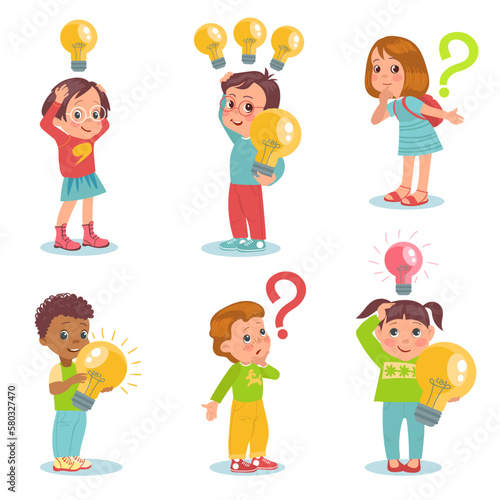 Kids searching idea. Little children with question marks and bulbs. Thought symbols. Lamps above heads. Curious characters. Brainstorming progress. Finding solution. Splendid vector set