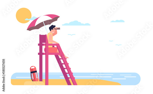 Lifeguard sits on observation tower. Lifesaver looks out at ocean through binoculars. Swimming safety. Beach emergency. Rescuer under umbrella. Summer vacation. Save life. Vector concept
