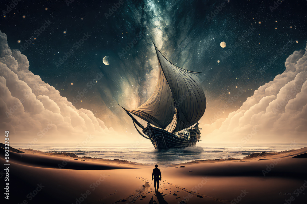 surreal scenery of the man looking a boat in the outer space with stars ...