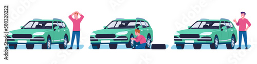 Man replaces flat tire on car. Person replacing wheel to continue driving. Vehicle repair. Tyre replacement service. Upset or happy driver. Vector automobile fixing maintenance process set