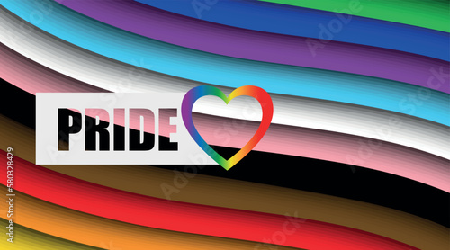 Pride Month Text. Wave rainbow LGBT spectrum flag background. Paper cut design. Waves of rainbow colors web banner template. Pride Month vector 3D illustration