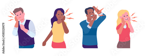 Men and women holding cheek because of toothache. People suffering from pain. Unhappy dentist patients. Painful sensitive teeth. Mouth ache. Medical oral symptoms. Vector sad persons set