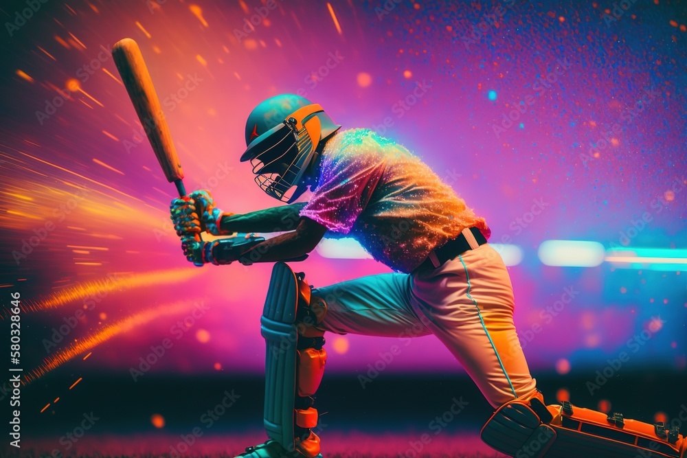 A cricket player holding bat in pose and hitting six and fours. Generative AI A cricket player holding bat in pose and hitting six and fours. Generative AI