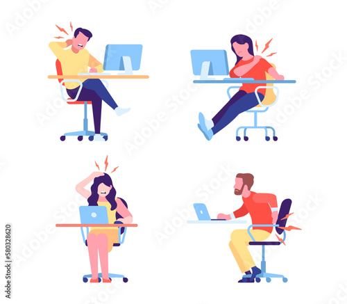Neck and back pain due to improper ergonomics during prolonged work at computer. Office men and women sitting at tables. People suffer from spine ache. Vector employees backache set