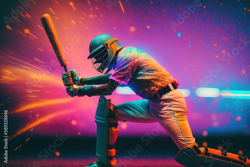 A cricket player holding bat in pose and hitting six and fours. Generative AI