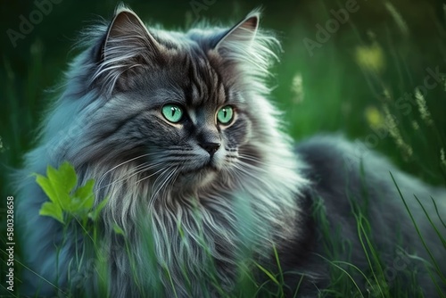 The cat is sitting on a lush grass and gazing out to the side. A close up of a fluffy, gray cat with emerald eyes in the wild. Russian breed. Generative AI