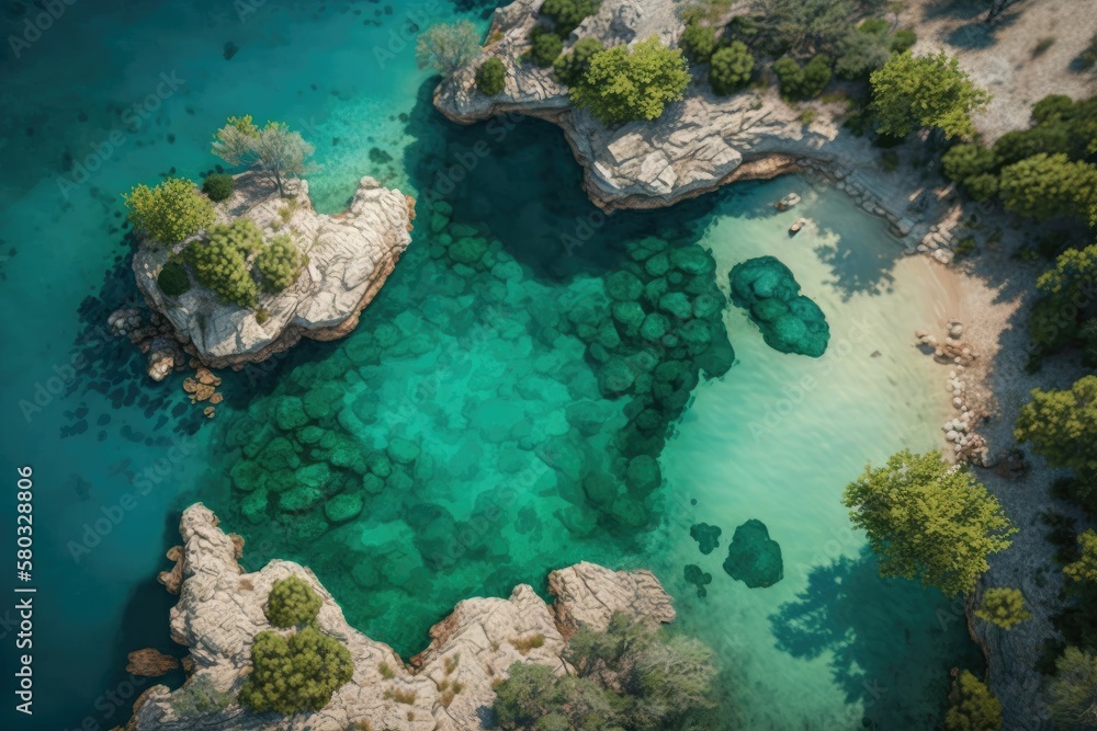 Summertime aerial top down view of the green water off the popular beach of Akti Iliou in Alimos, Athens, Greece. Generative AI