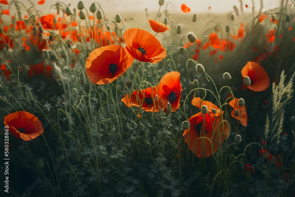 Obraz premium Red poppy in a green grass field, Beautiful spring landscape. Generative AI