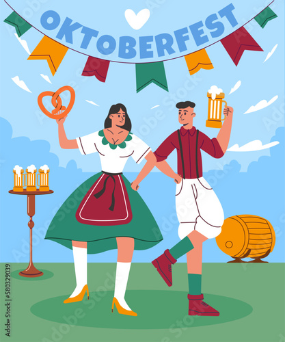 Oktoberfest characters poster. Funny dancing Bavarian couple in national costumes. German beer festival. Traditional autumn holiday. People holding pint glass and pretzel. Vector concept