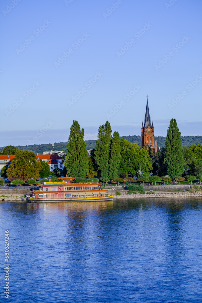 BONN, GERMANY - September 25 2022: Chinese floating restaurant on the Rhine river banks, Bonn, Germany. BONN, GERMANY - September 25 2022: Chinese floating restaurant on the Rhine river banks, Bonn, Germany.