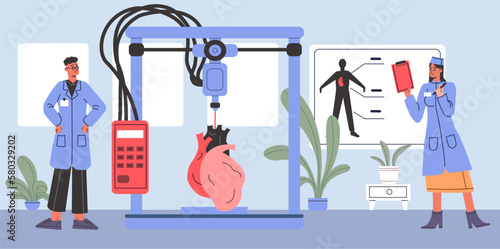 Organs 3D printing. Surgical heart implantation. Artificial human body parts creating. Medical progress. Future technologies. Innovation hospital. Clinic laboratory. Vector concept