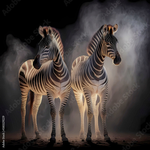 Zebra  Hippotigris  from the equine genus  Equus   and plains zebra  Equus quagga   black background  AI generated