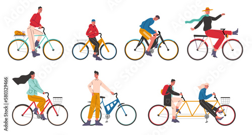 People ride bicycles. Happy men and women cyclists. City transportation. Walking by bikes. Persons drive cycles. Stand nearby. Funny biking characters. Vector isolated bicyclists set