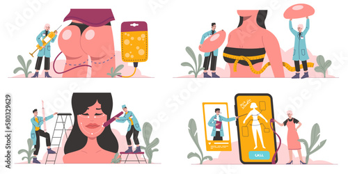 Plastic surgery concept. Beauty medicine. Aesthetic operation. People change body parts and facial features. Lifting and implants. Phone app. Doctor consultation. Vector surgeons set