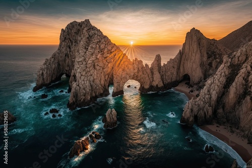 Sunset aerial photo of the Cabo San Lucas Arch taken in Land's End, Baja California Sur. Generative AI photo