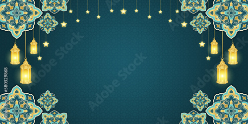 Islamic ornament template for background, banner, poster, cover design, envelope, social media feed. Ramadan Kareem and eid mubarak 2023 greeting concept, blue background, muslim lantern, pattern