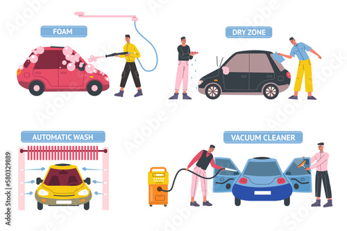 Self car wash service. People cleaning automobile windows and salon interior. Automatic water supply. Soap foam equipment. Dry and vacuum brushing. Transport care. Vector carwash set