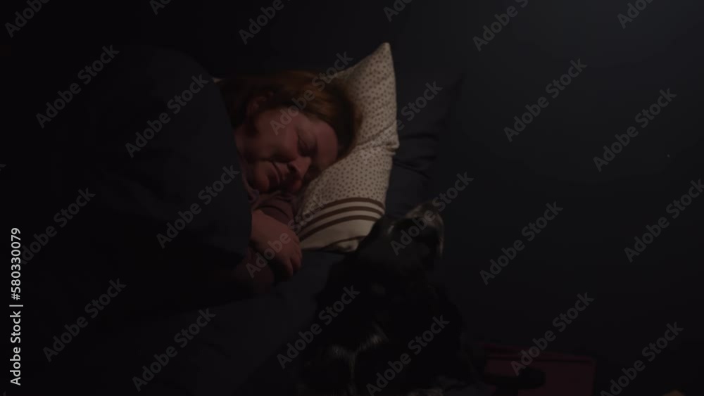 A woman sleeps next to her sits a dog. Slow motion A woman sleeps next to her sits a dog. Slow motion