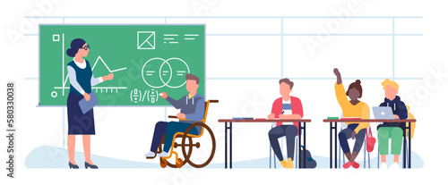 Teacher and disabled boy in wheelchair near blackboard. Woman teaches injured student. School classroom. Math lesson. Children studying. Inclusive university education. Vector concept