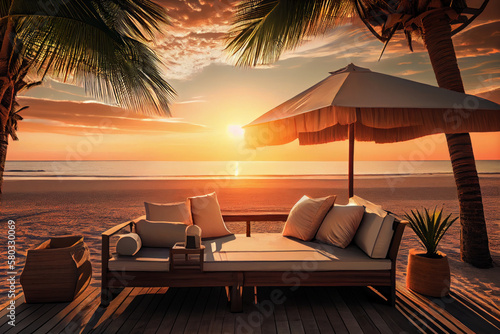 Sun beds and umbrella under palm tree. Tropical sunset twilight scenery beach resort hotel. Generative AI.