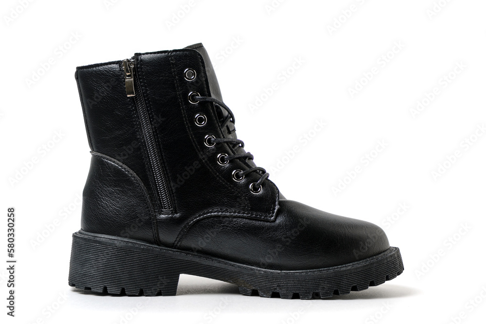 Black leather laced shoe on a white background. Black leather laced shoe on a white background.
