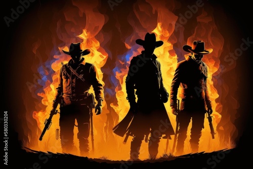 silhouettes of three men in flame, cowboy sheriff on fire in western style, generative ai © pham