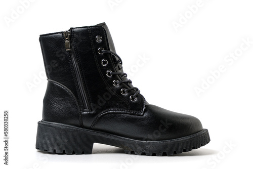 Black leather laced shoe on a white background.