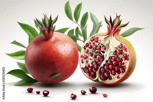 Isolated on a white backdrop, two pomegranates, one entire and the other in half, each with its seeds and leaves. Generative AI
