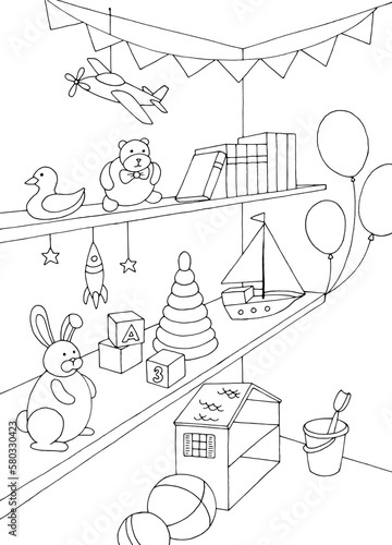 Toy shop graphic black white interior vertical sketch illustration vector 