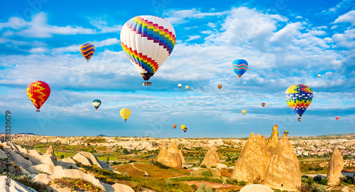 The great tourist attraction of Cappadocia - balloon flight. Cappadocia is known around the world as one of the best places to fly with hot air balloons. Goreme, Cappadocia, Turkey. Travel concept. 
