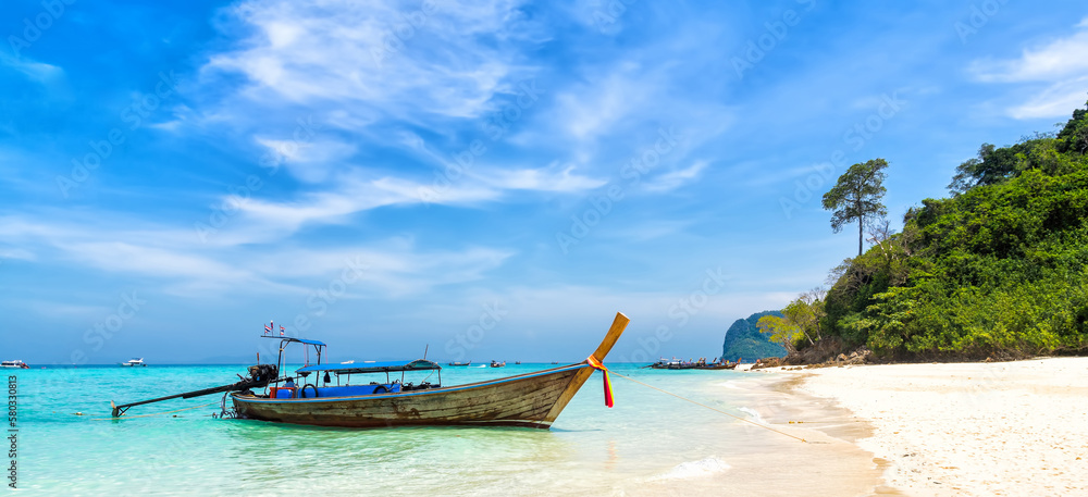 Amazing view of beautiful beach with traditional thailand longtale boat. Location: Bamboo island, Krabi province, Thailand, Andaman Sea. Artistic picture. Beauty world. - obrazy, fototapety, plakaty 