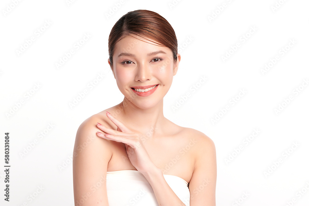 Beautiful young asian woman with clean fresh skin on white background, Face care, Facial treatment, Cosmetology, beauty and spa, Asian women portrait.