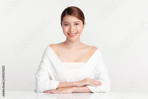 Beautiful young asian woman with clean fresh skin on white background, Face care, Facial treatment, Cosmetology, beauty and spa, Asian women portrait.