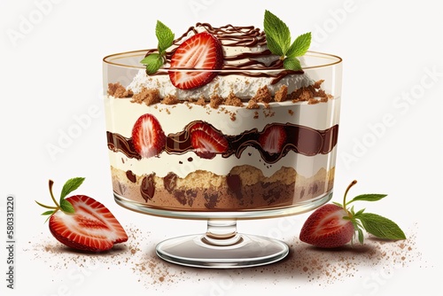 Italian tiramisu with fresh strawberries, savoyardi crumbs, and whipped cream is served in a glass atop marble. Simple dessert recipes include cheesecake, pudding, and berry trifle cake. Generative AI photo