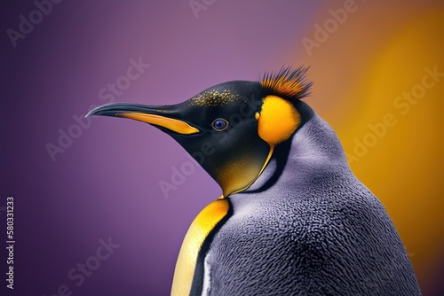 closeup king penguin portrait photo on purple background  generative ai