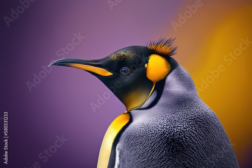 closeup king penguin portrait photo on purple background, generative ai