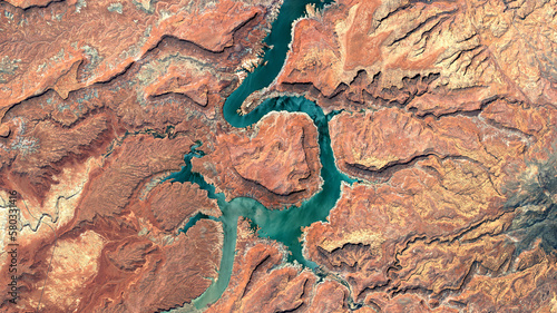 Colorado River, Lake Powell and Trachyte Canyon looking down aerial view from above – Bird’s eye view Colorado River, Utah, USA