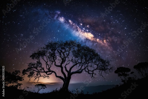 Milky Way and tree silhouettes at Phu Hin Rong kla National Park Thailand's phitsanulok. Generative AI © AkuAku