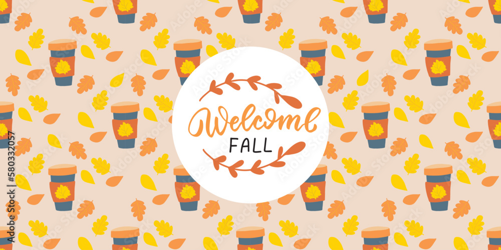 Fall happy autumn banner. Cute hand drawn farmhouse vector background with coffee tumbler. Thanksgiving cozy autumn sale
