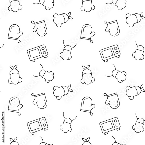 Seamless vector repeating pattern of chef and microwave oven. It can be used for web sites, apps, clothes, covers, banners etc
