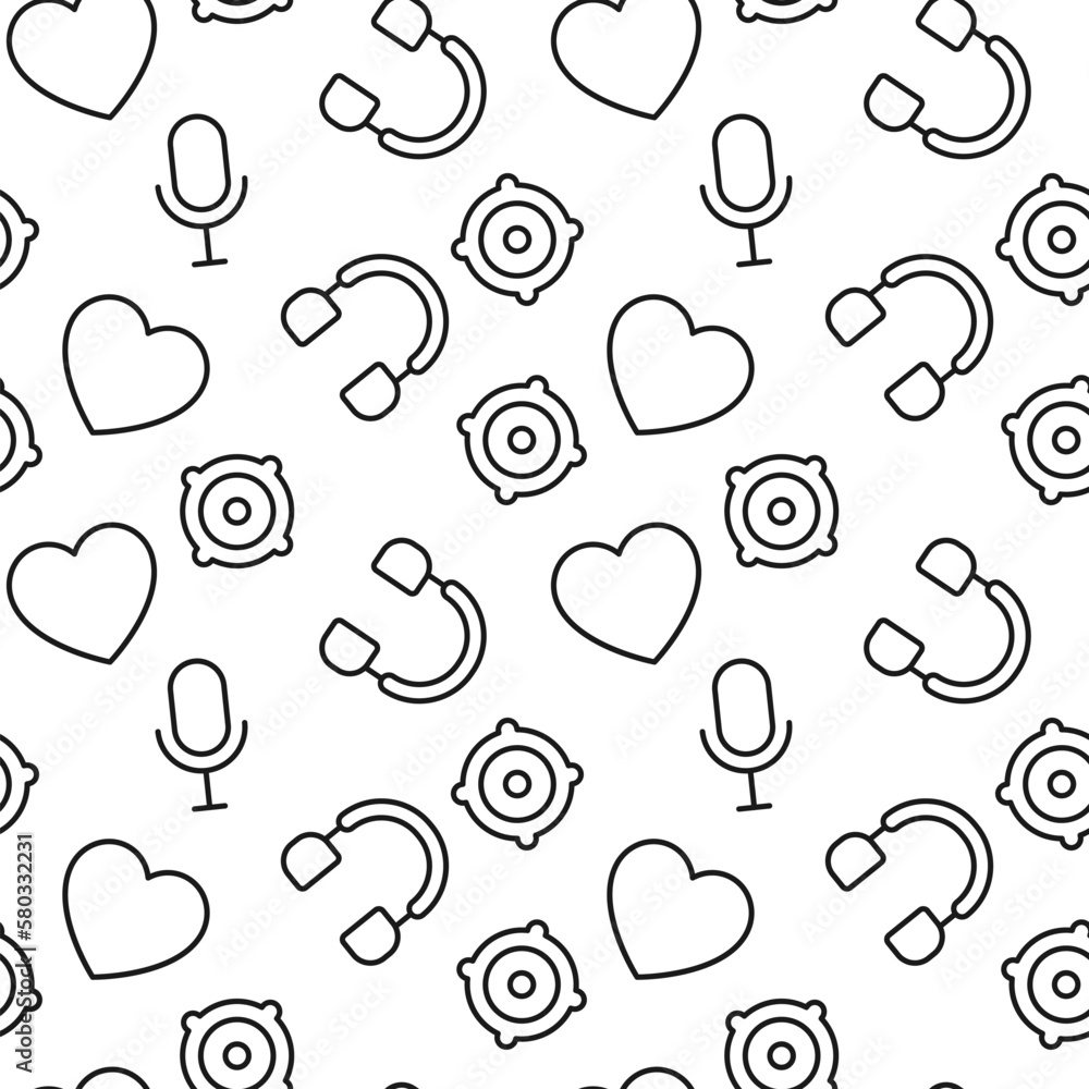 Fototapeta premium Seamless repeating monochrome pattern of loud speaker, musical note, heart, microphone, headphone. Perfect for web sites, apps, shops, backgrounds, wallpapers