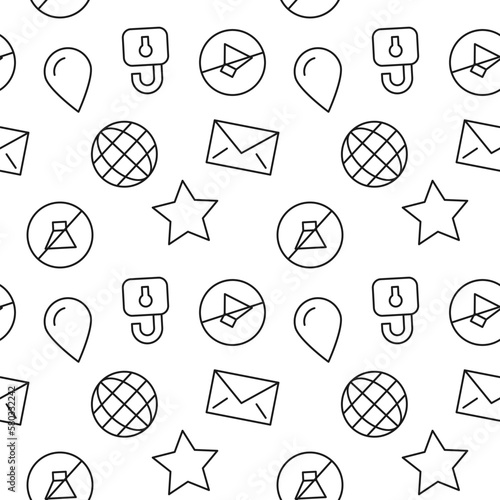 Monochrome vector seamless pattern of planet, star, drop, envelope for web sites and polygraphy