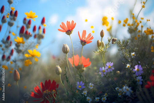 Beautiful cosmos flower field. Generative AI