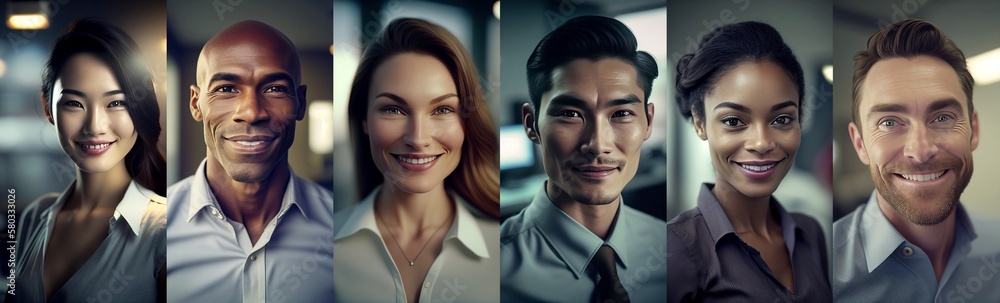 Smiling faces. Collage of portraits of an ethnically diverse and mixed age group of focused business professionals, generative ai Smiling faces. Collage of portraits of an ethnically diverse and mixed age group of focused business professionals, generative ai