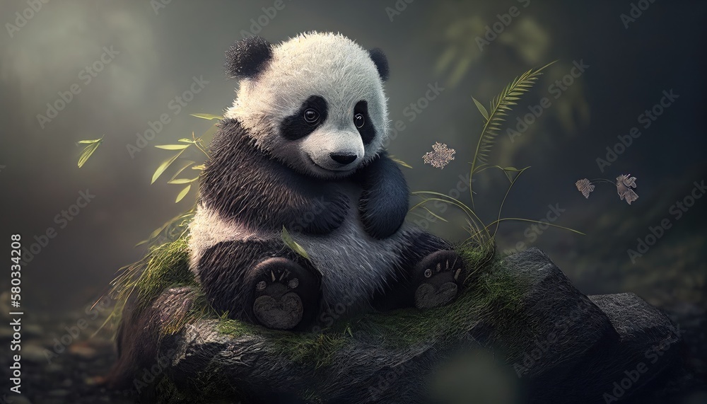 cute baby panda sad in the forest. Created with Generative AI.