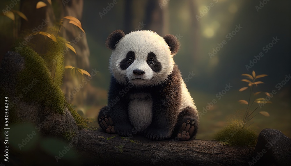 Obraz premium cute baby panda sad in the forest. Created with Generative AI.