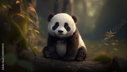 cute baby panda sad in the forest. Created with Generative AI.