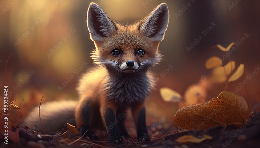 Obraz premium Adorable baby fox in a forest. Created with Generative AI.