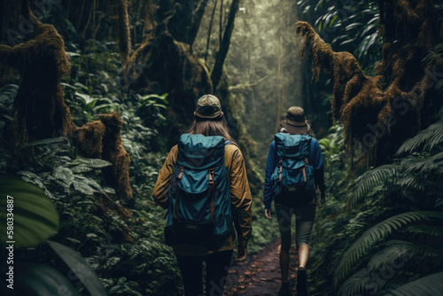 Rucksack Touristen gehen durch den Regenwald