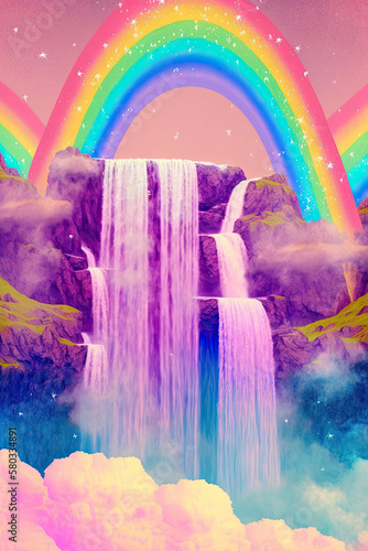 colorful abstract illustration, waterfall on a rock cliff, rainbow